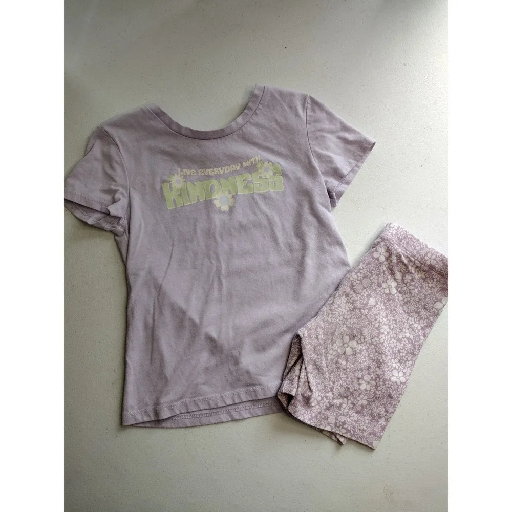 Girls Purple Kindness Graphic Tee Floral Biker‎ Shorts Set size 6